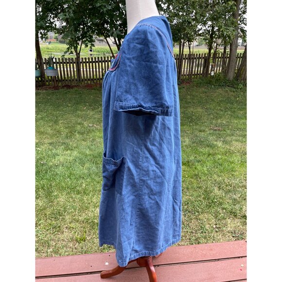 Vintage Denim Dress Cottagecore Embroidered Flowers Ladybugs Short Sleeves Butto - Picture 4 of 9